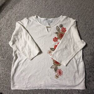 White Alfred Dunner Embroidered Floral Top XL summer fall textured gold